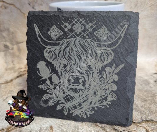 Highland Cow (Tartan) Slate Coaster