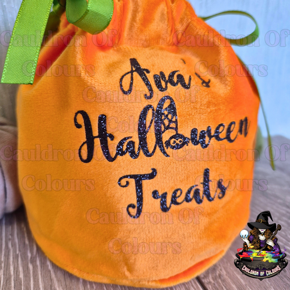 Personalised Halloween Treats Velvet Pumpkin Bag