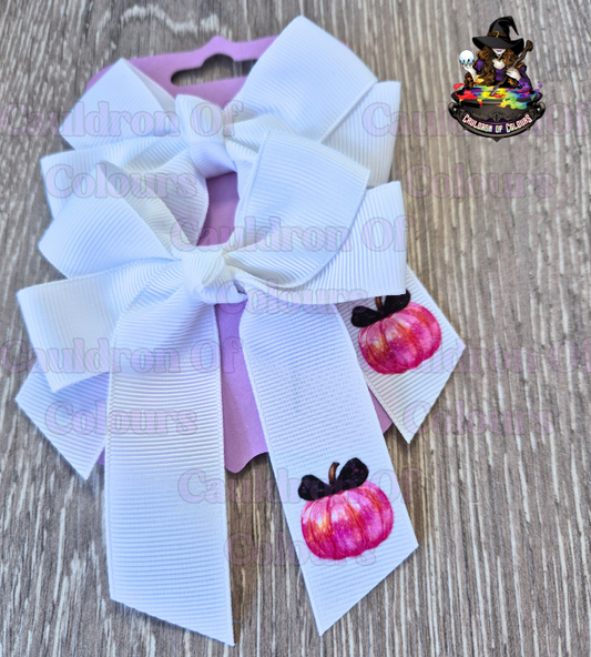 White 4" Bows with Pink Pumpkins