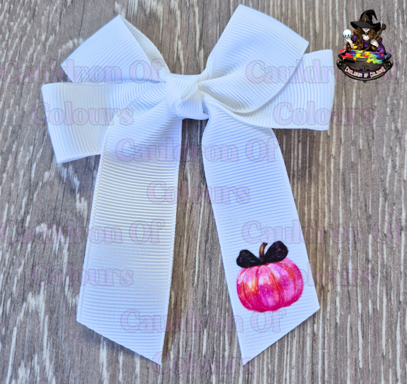 White 4" Bows with Pink Pumpkins
