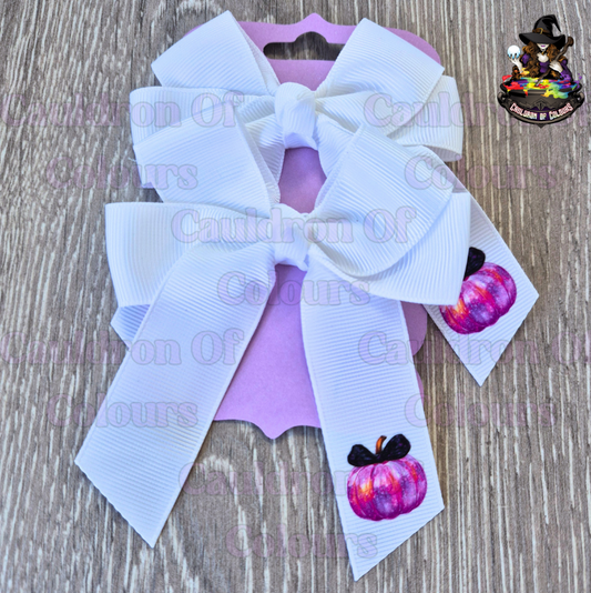 White 4" Bows with Purple Pumpkins