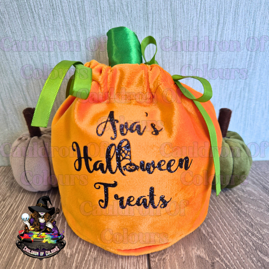 Personalised Halloween Treats Velvet Pumpkin Bag